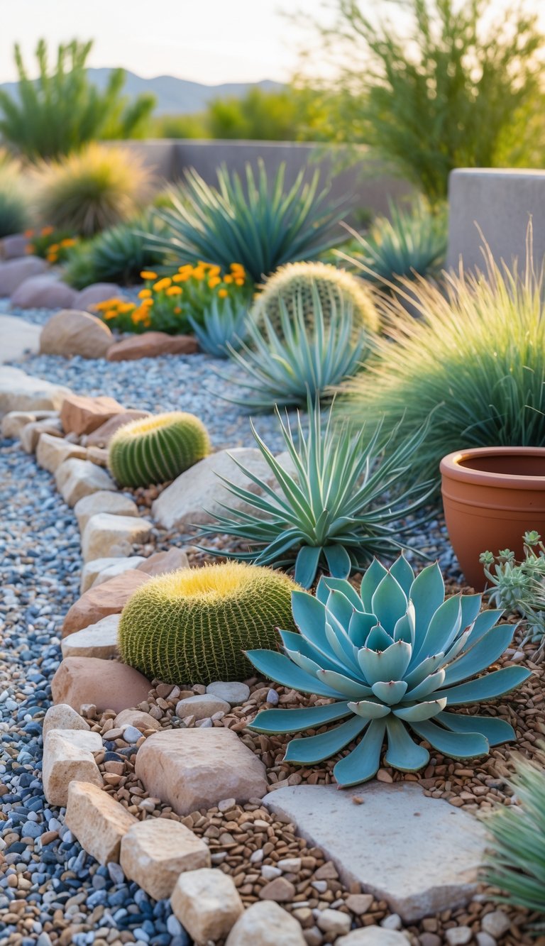 A desert landscape garden featuring a variety of succulents and cacti, including round golden barrel cacti and blue agave plants, surrounded by stones and gravel, with flowering shrubs in the background.