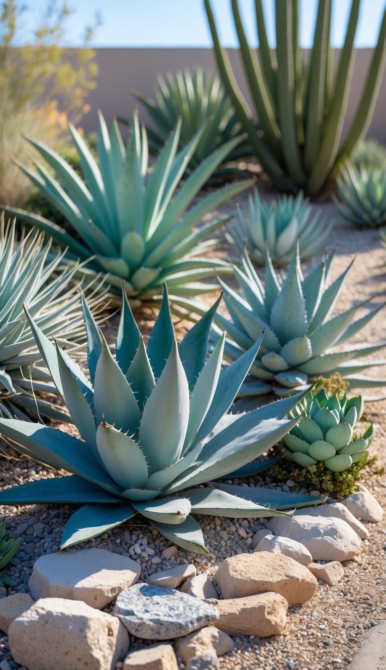 A xeriscape garden with agave and aloe vera plants arranged among gravel and rocks under a clear blue sky.