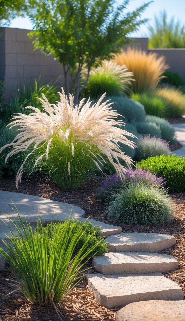 A xeriscape garden with ornamental fountain grass and various drought-tolerant plants arranged among stone pathways under a clear sky.