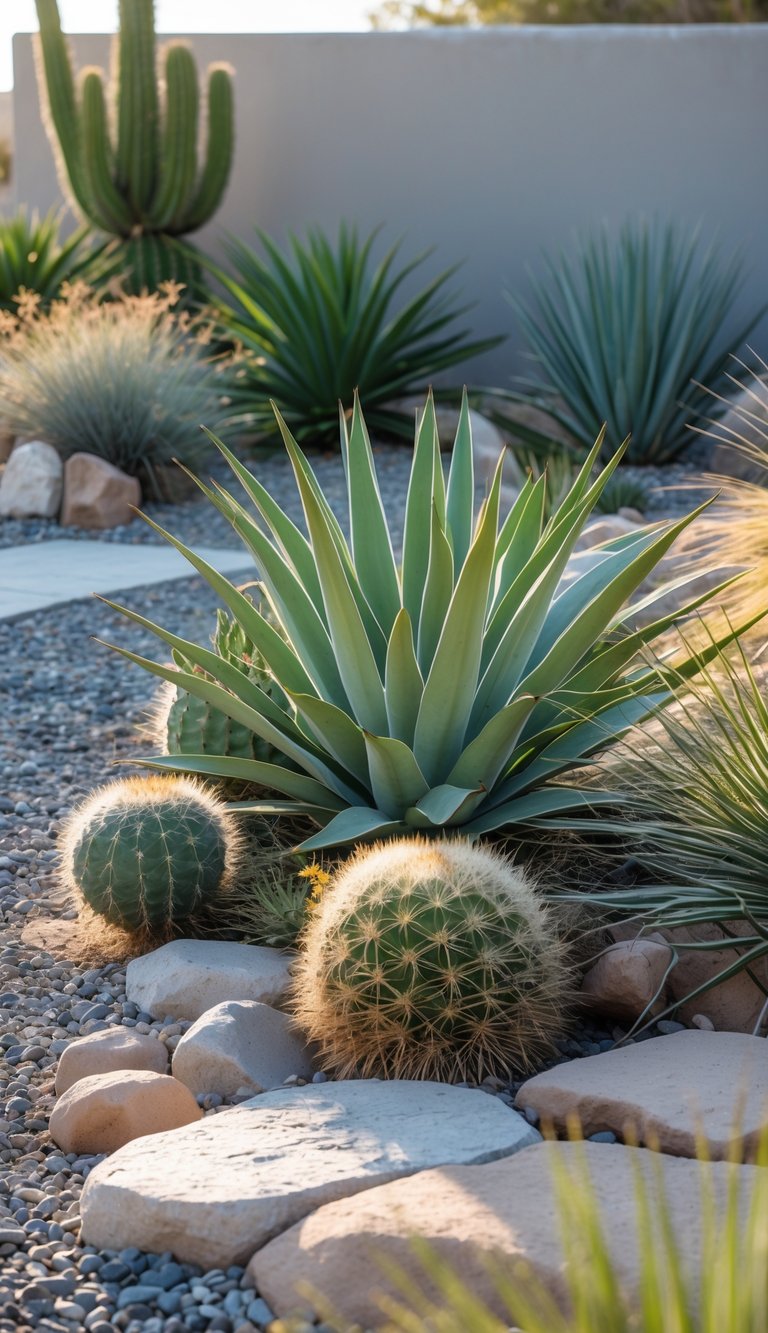 A garden with yucca plants and other drought-tolerant plants arranged among gravel and stone pathways.