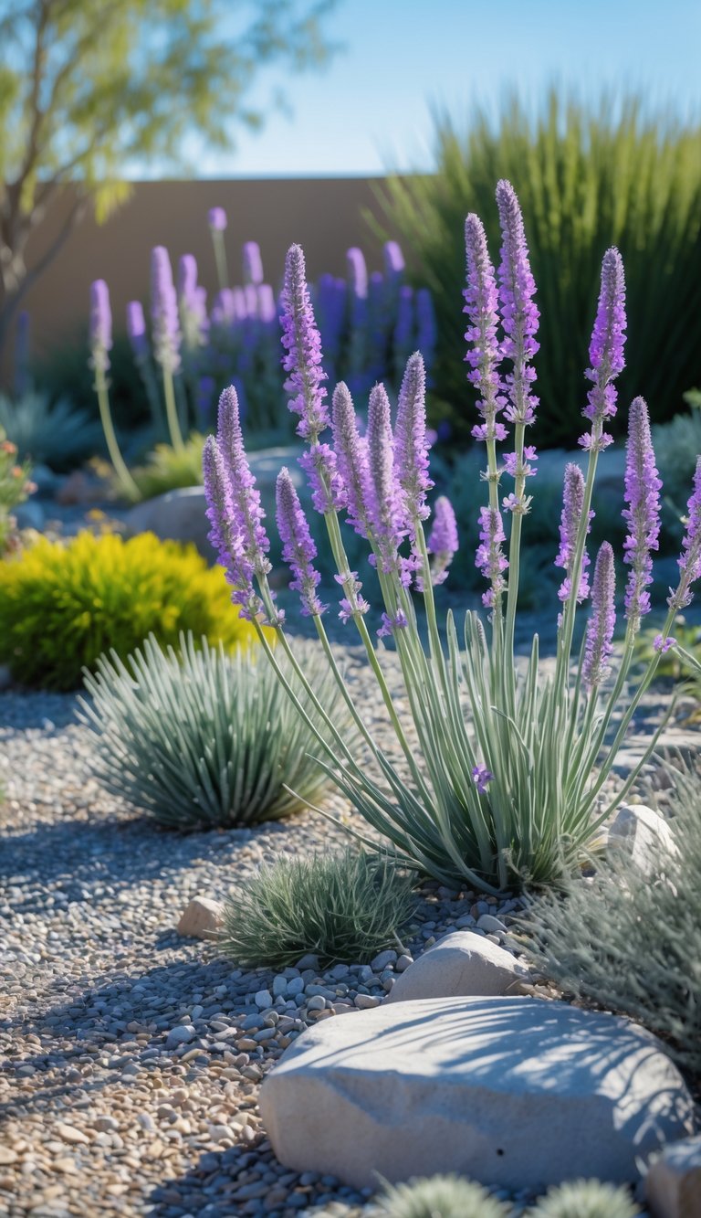 A xeriscape garden with tall Russian sage plants blooming purple flowers among gravel and rocks under a clear sky.