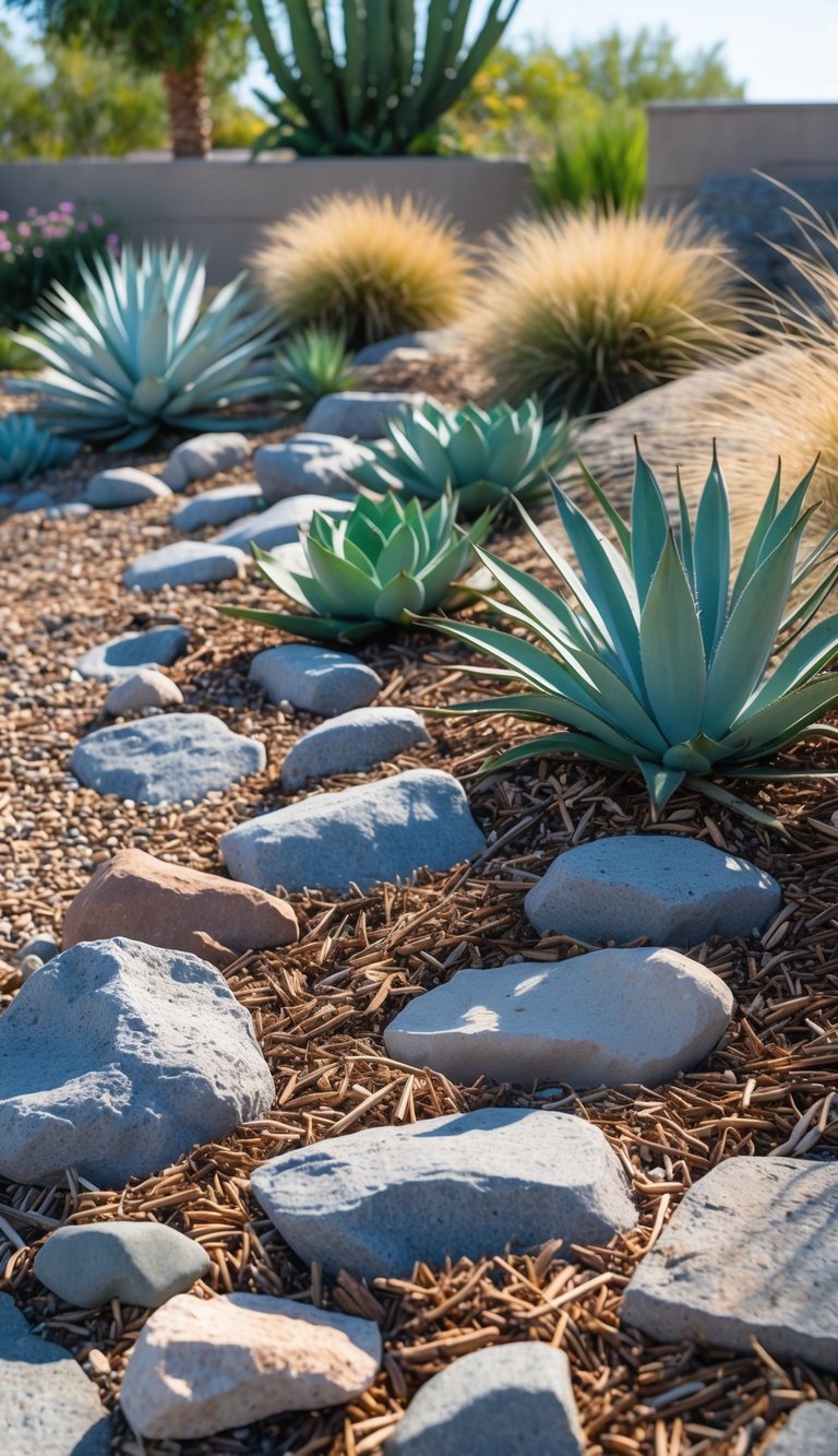 A xeriscape garden with drought-tolerant plants and natural rock mulch covering the ground.
