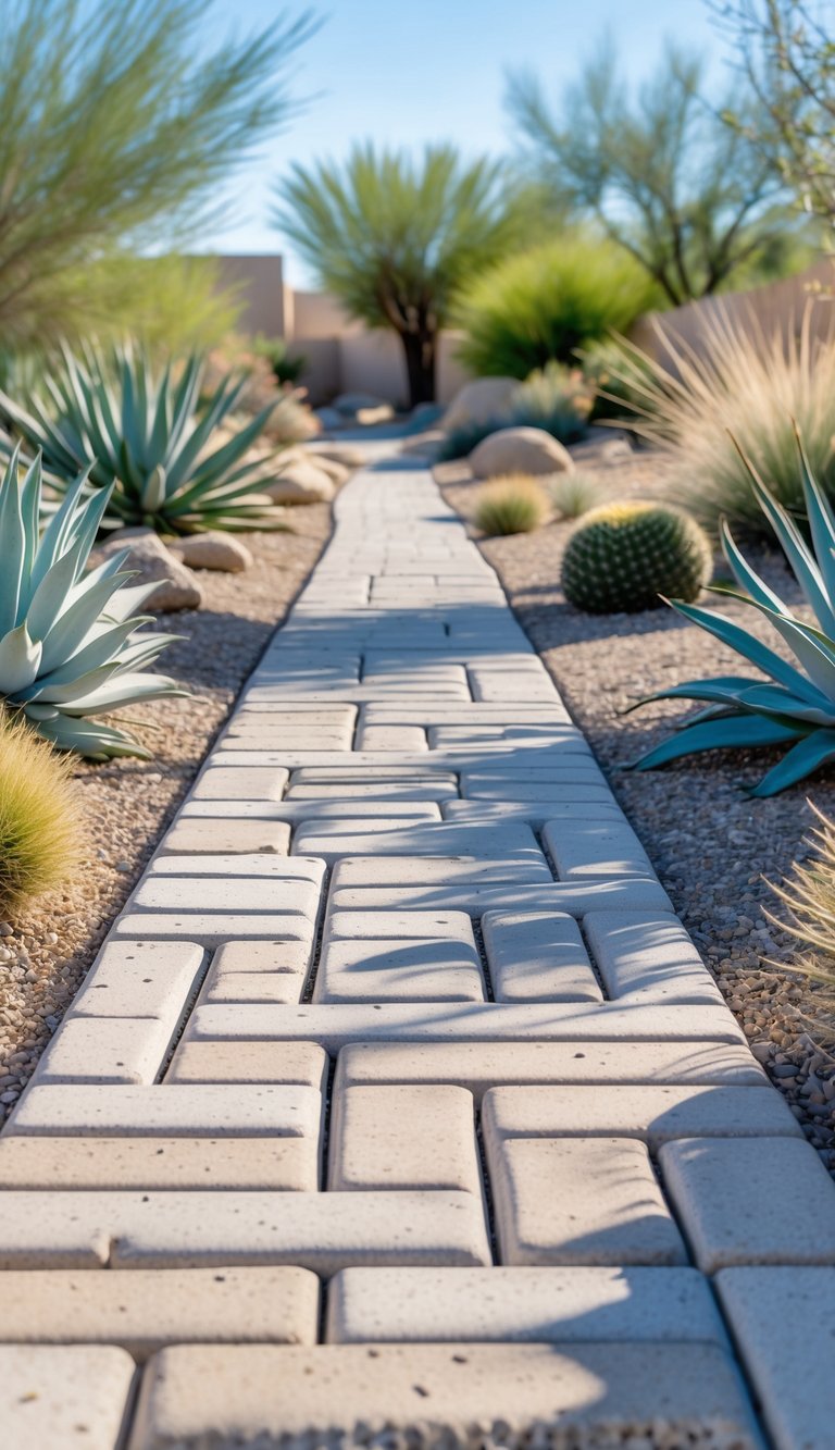 Outdoor walkway made of permeable pavers surrounded by drought-tolerant plants and xeriscape landscaping.
