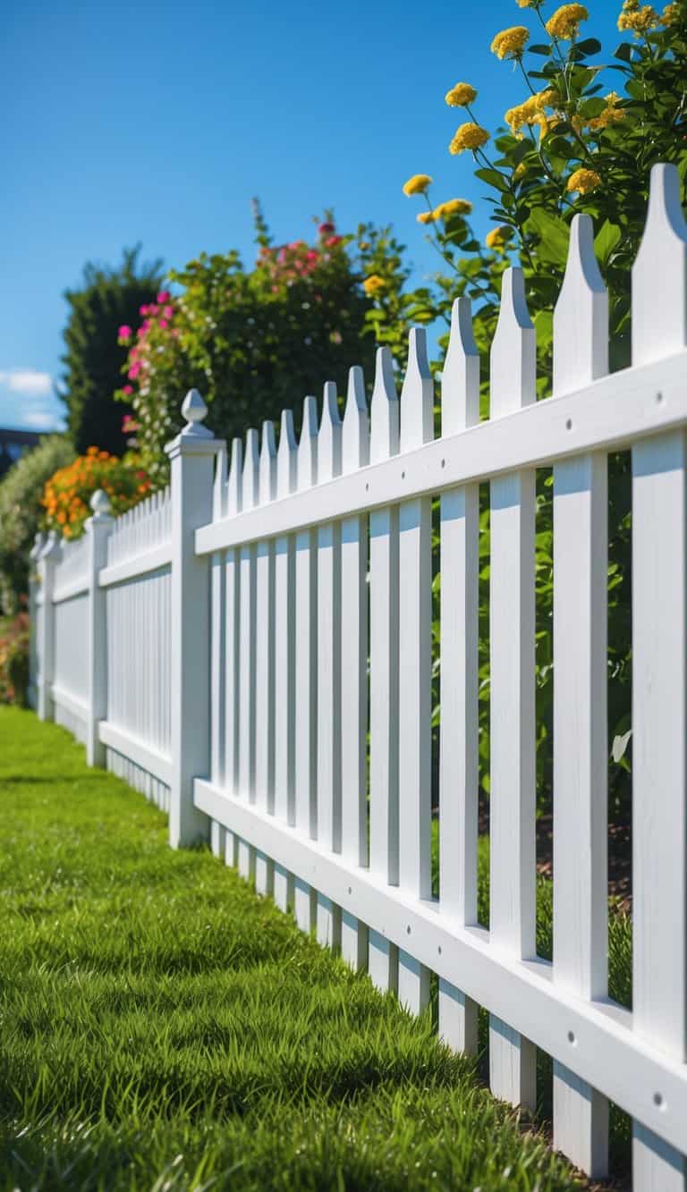 A white wooden picket fence in front of a green lawn and colorful garden under a blue sky.