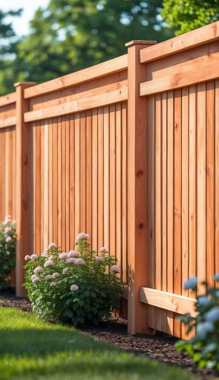 A cedar wood fence with vertical planks surrounded by green grass and plants in a backyard.