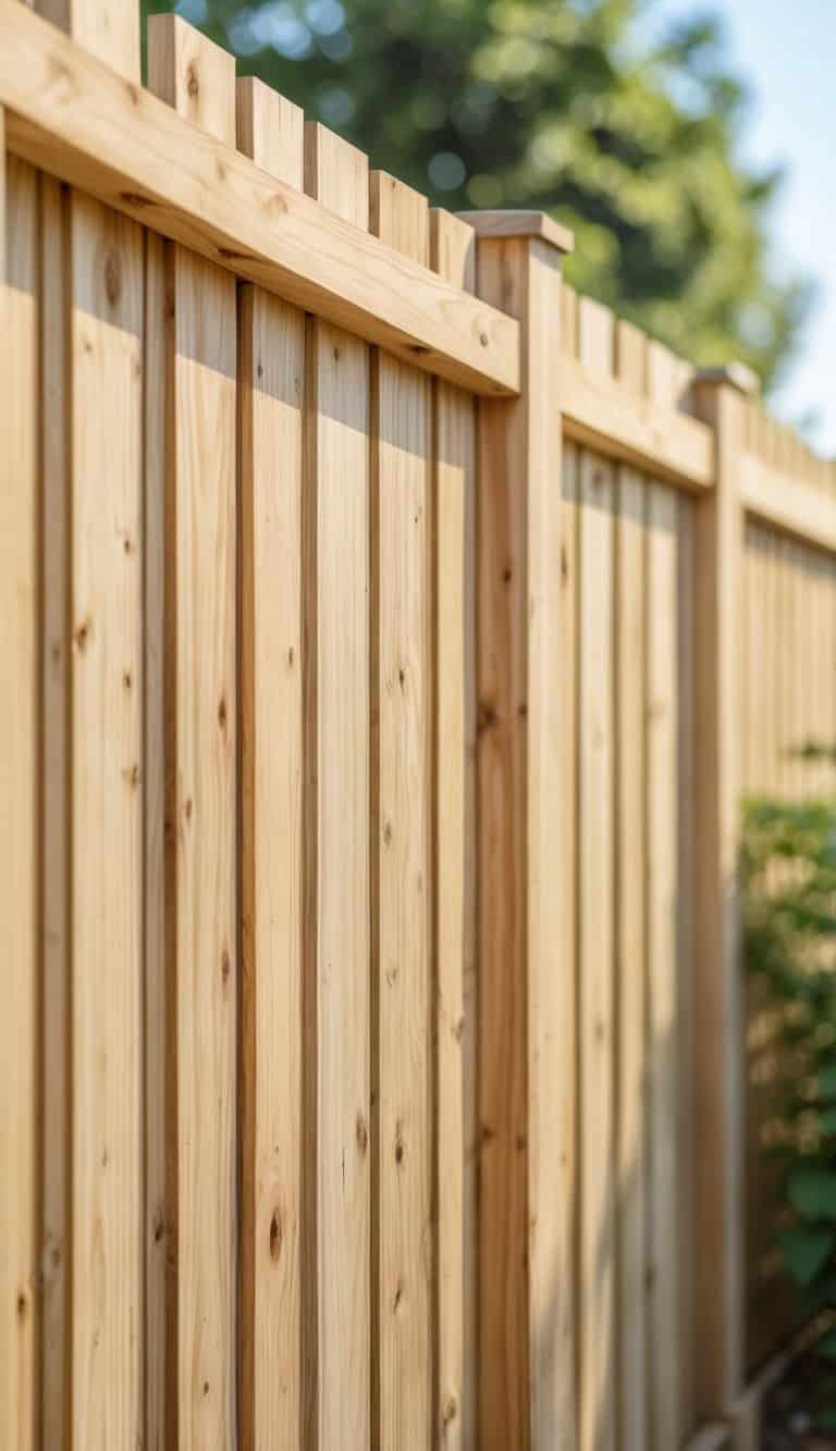 A vertical wooden board-on-board fence outdoors with greenery in the background.