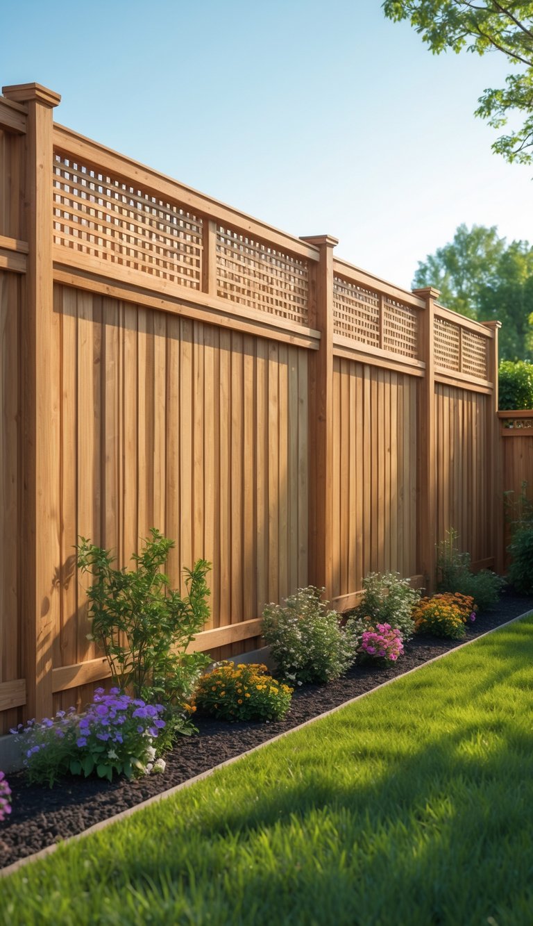 A wooden fence with a lattice top enclosing a green garden with flowers under a clear blue sky.