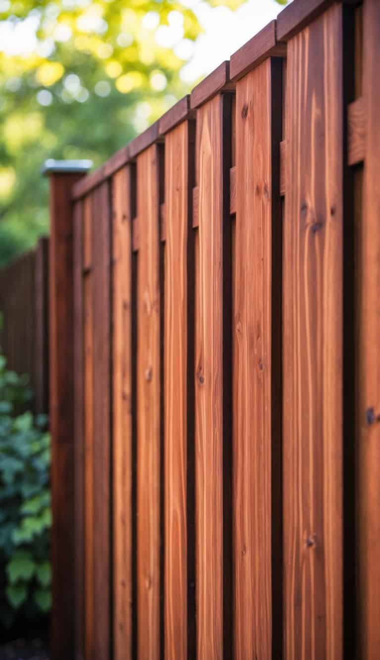 A stained redwood wood fence with vertical planks in a garden setting.