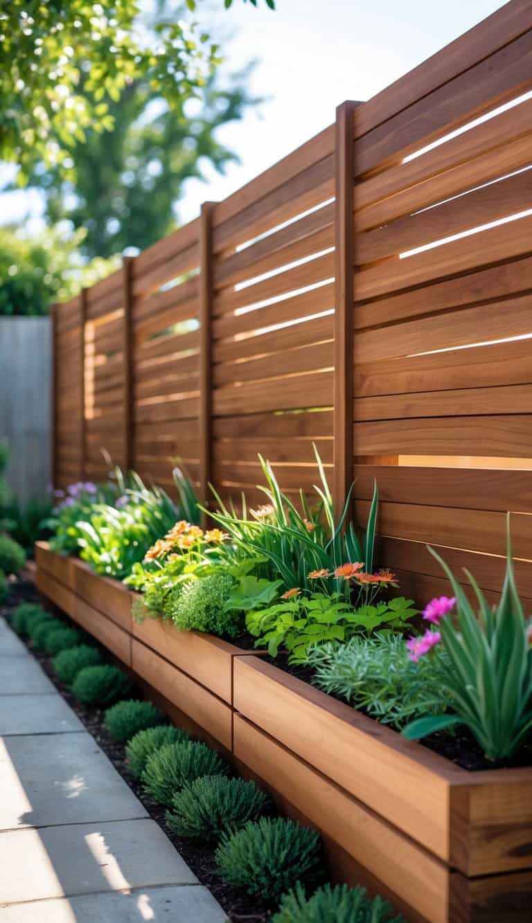 A wooden fence with built-in planters filled with green plants and colorful flowers in a sunny garden setting.