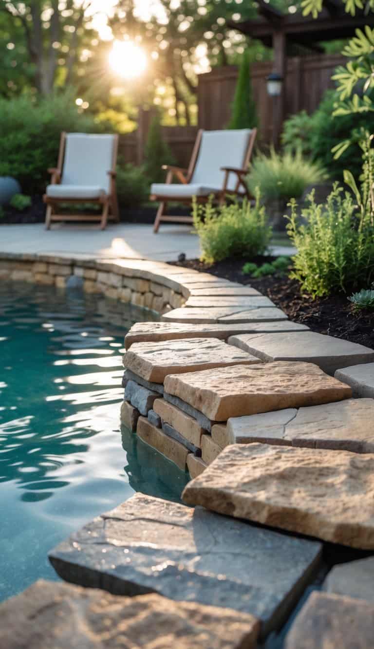Backyard swimming pool with a stone veneer edge surrounded by green plants and outdoor seating.
