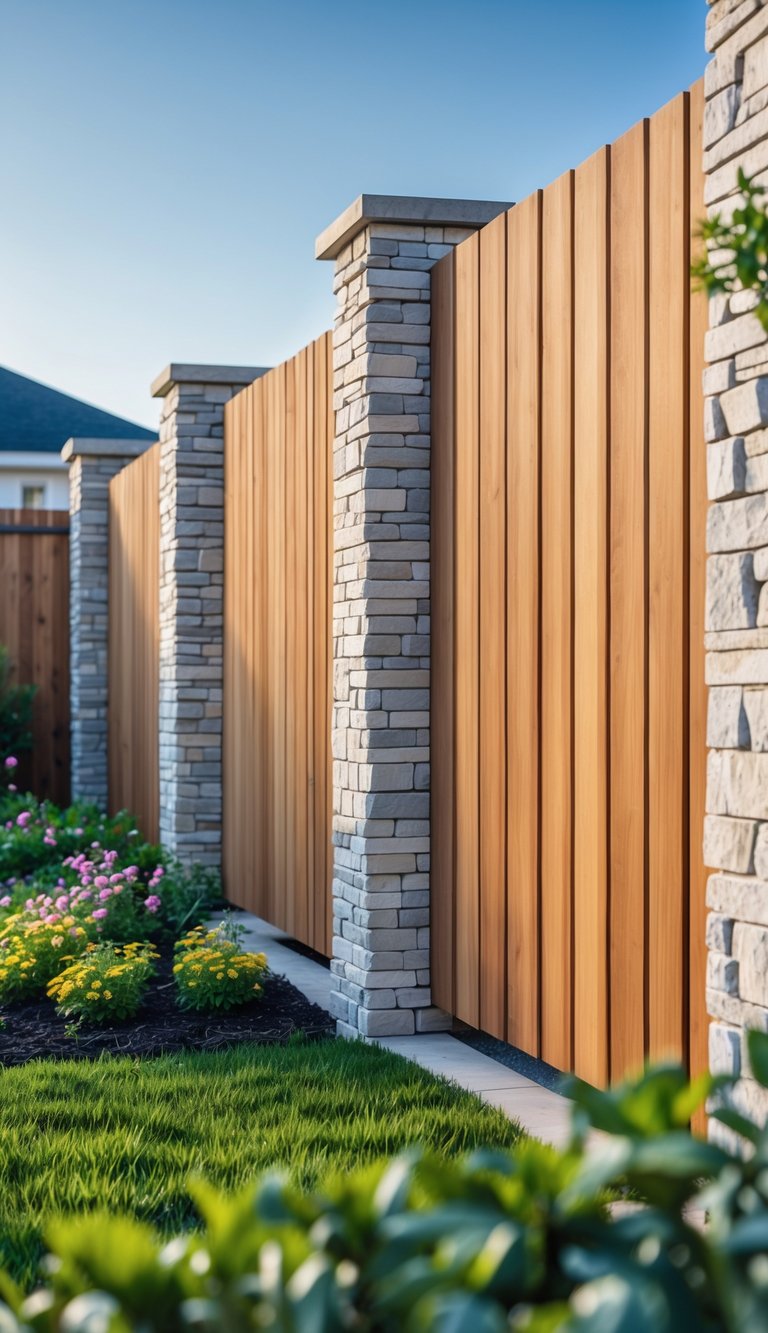 A wood and stone fence in a garden with green grass and flowers under a blue sky.