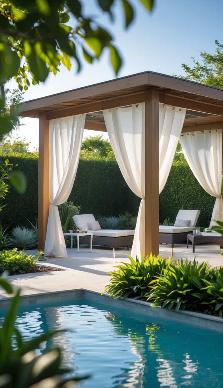Backyard pool cabana with white curtains providing shade next to a swimming pool and outdoor furniture.