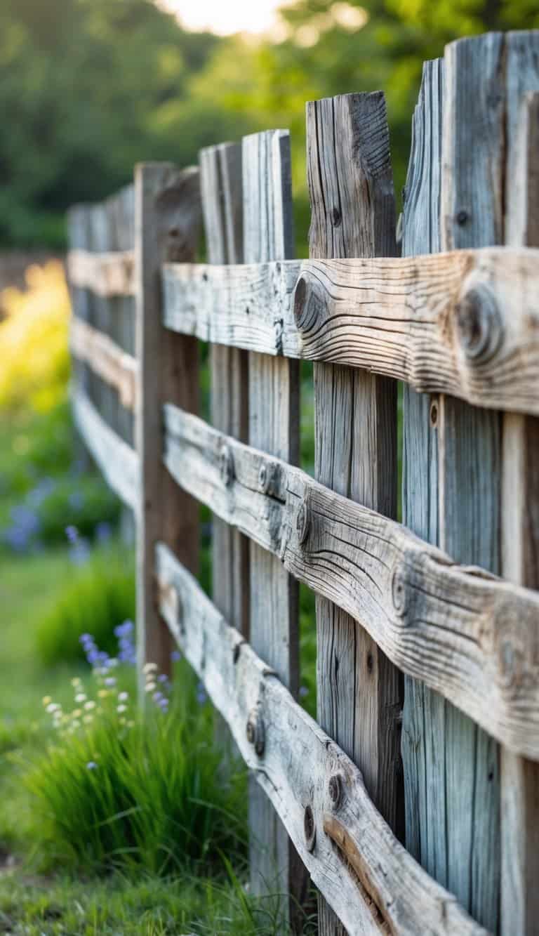 A rustic fence made from weathered recycled barn wood with a green garden in the background.