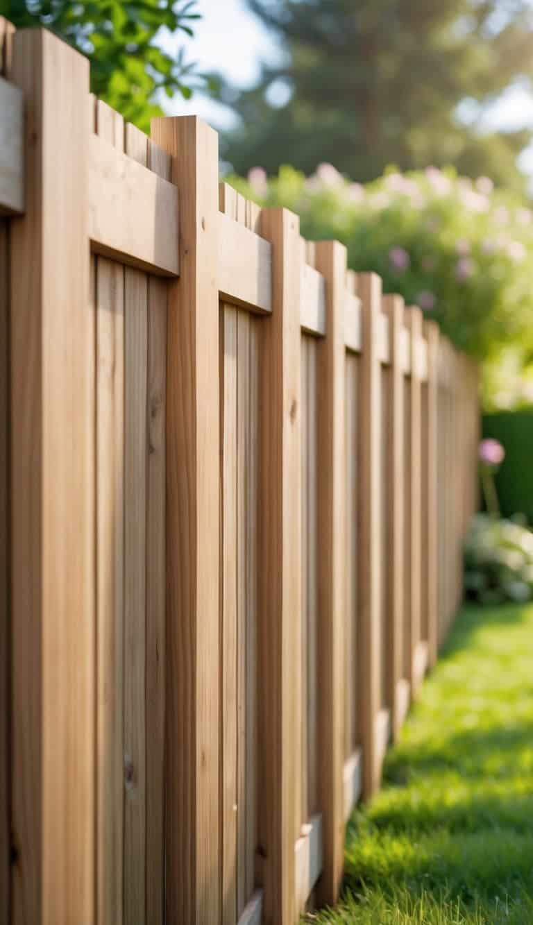 A wooden board and batten fence with vertical boards and narrow battens in a garden with green grass and plants.