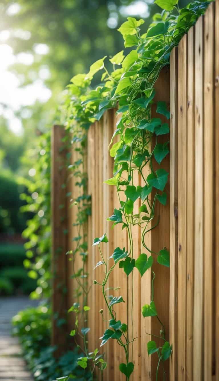 A wooden fence with green climbing vines growing along its slats in a garden setting.