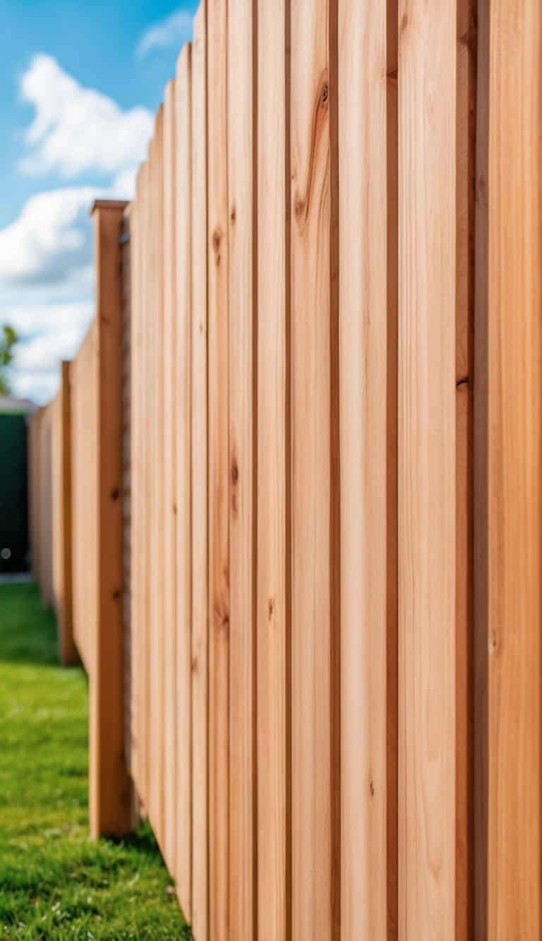 A smooth sanded cedar wood fence with vertical planks in a backyard with green grass and a blue sky.