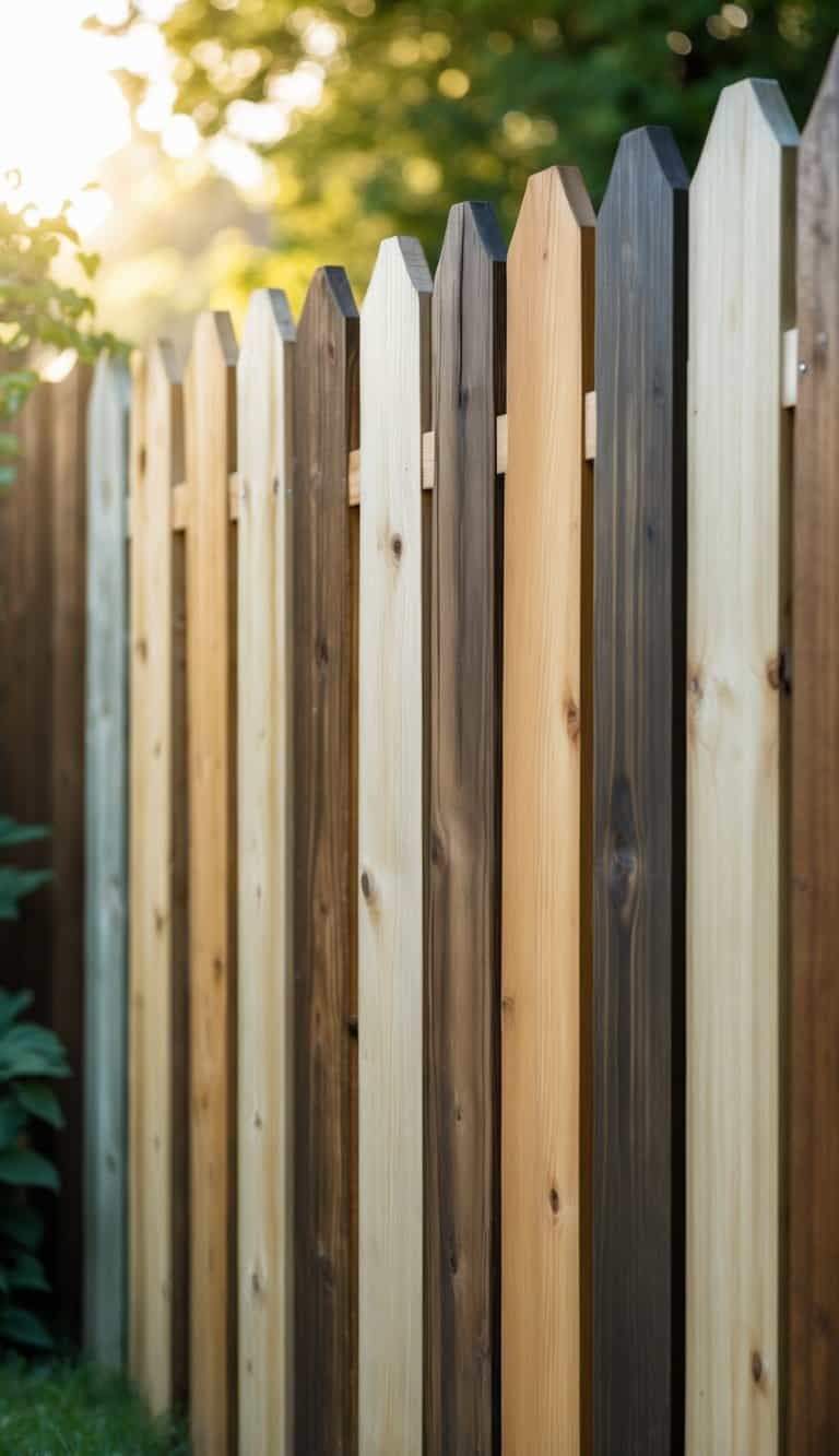A wooden fence with vertical planks stained in multiple shades of brown, set against a garden background with green plants.