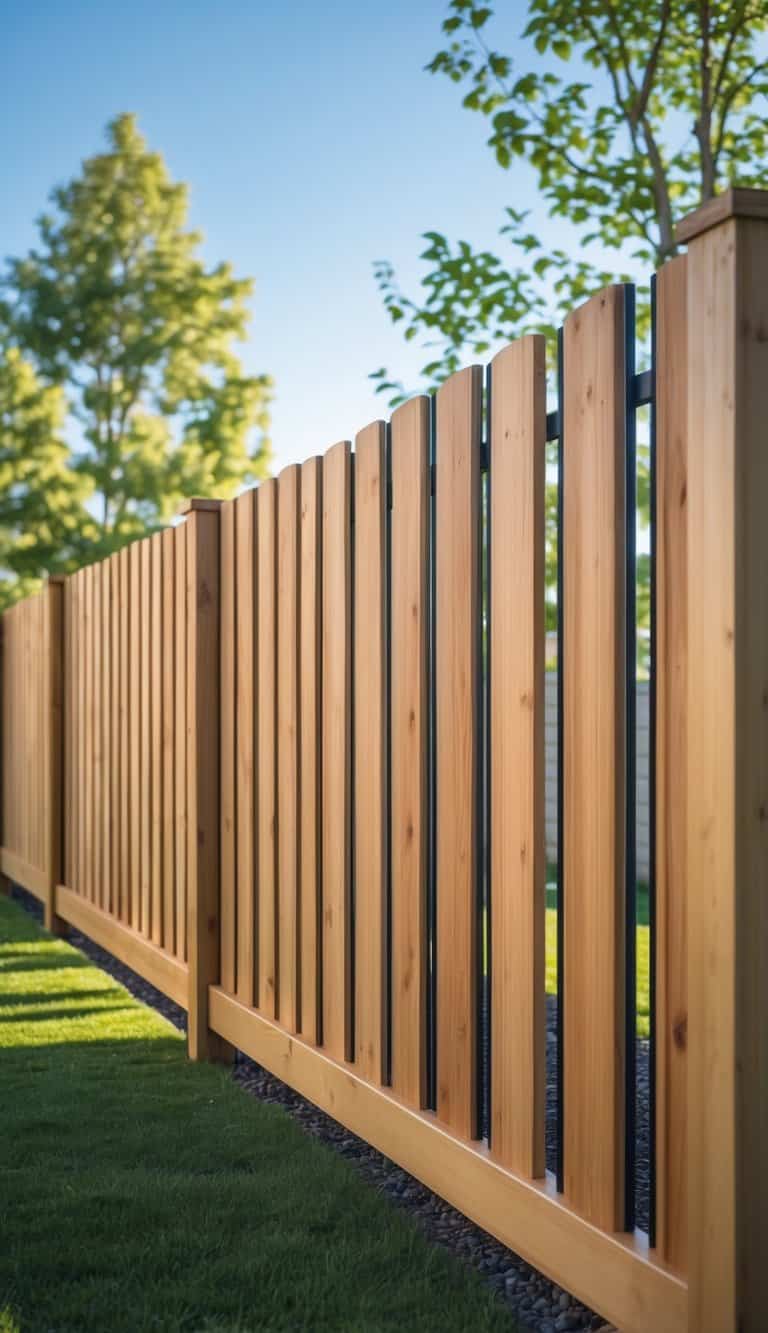 A wooden fence with vertical slats on the bottom half and horizontal slats on the top half, set outdoors with grass and trees in the background.