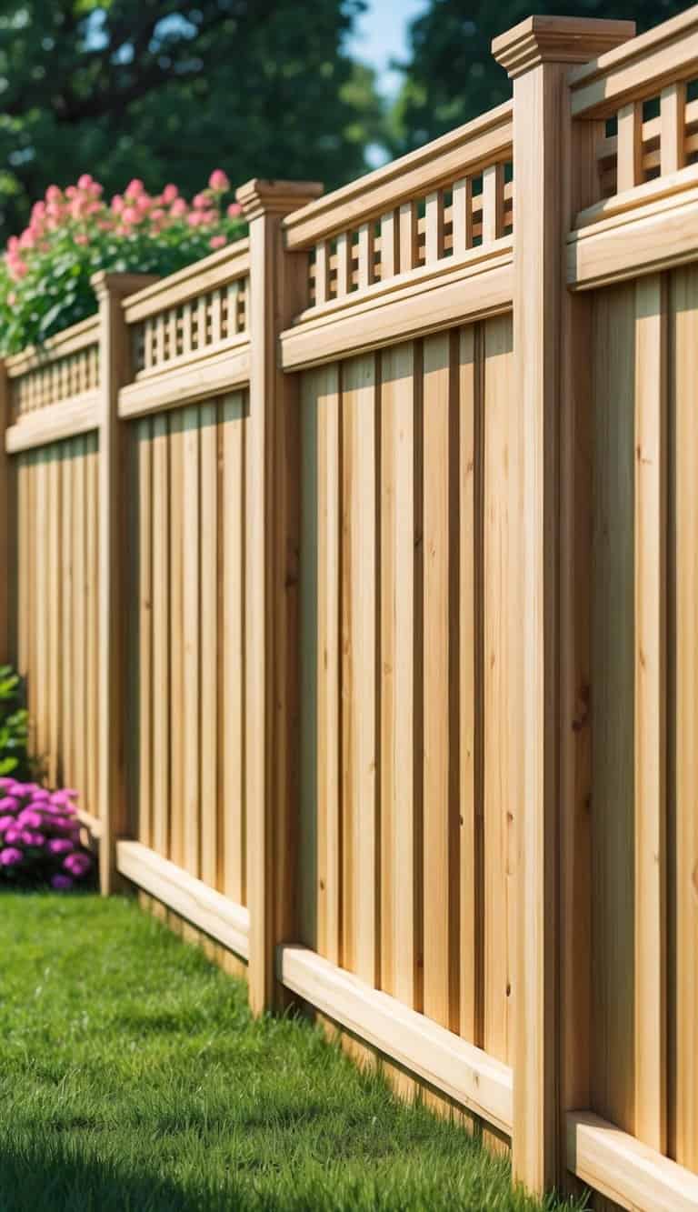 A wooden fence with a framed lattice top set in a sunny garden with green grass and colorful flowers.