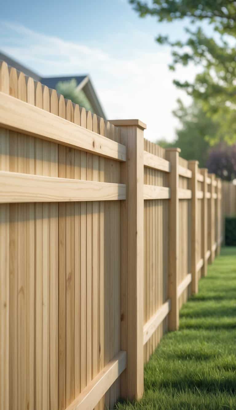 A wooden fence with angled posts in a sunny backyard with grass and trees.