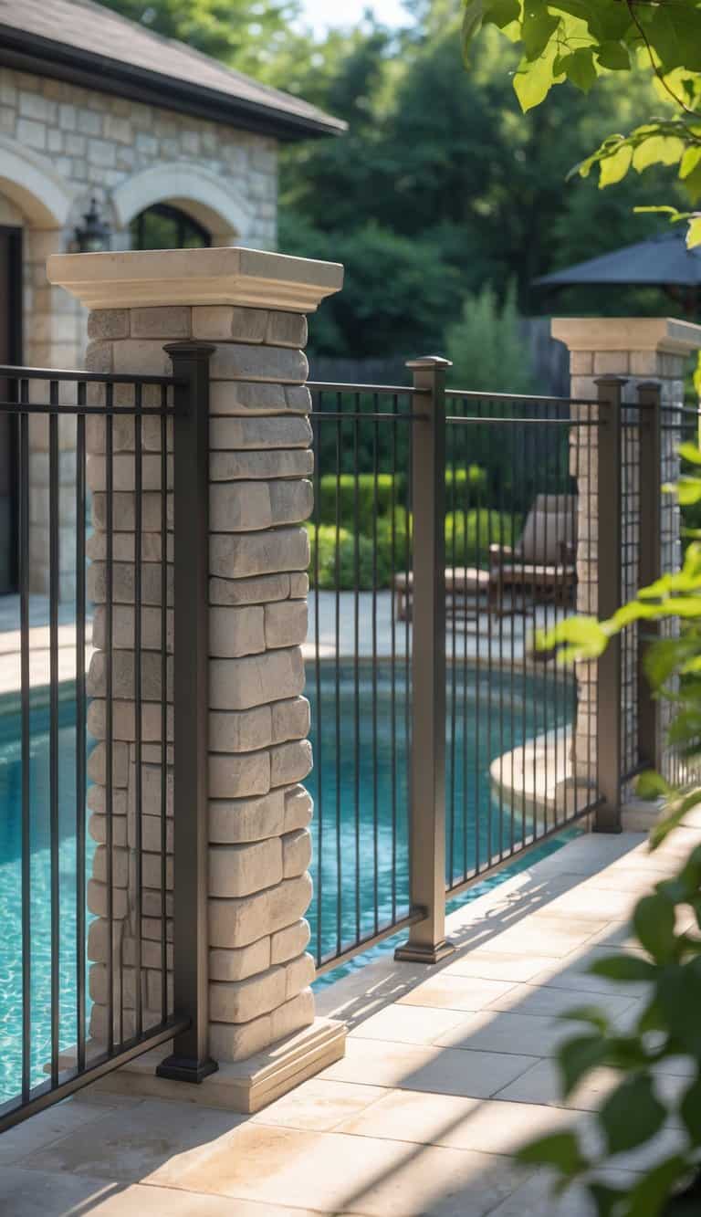 A residential backyard patio with a pool surrounded by stone pillars and metal railing fence, bright sunlight, and some outdoor seating.