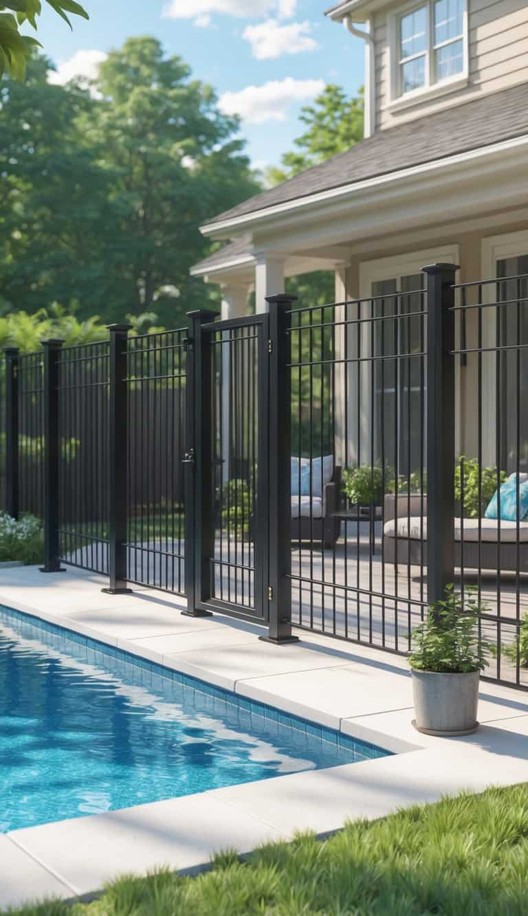 A backyard with a black steel pool fence around a pool, a patio with outdoor furniture, and green grass under bright sunlight.