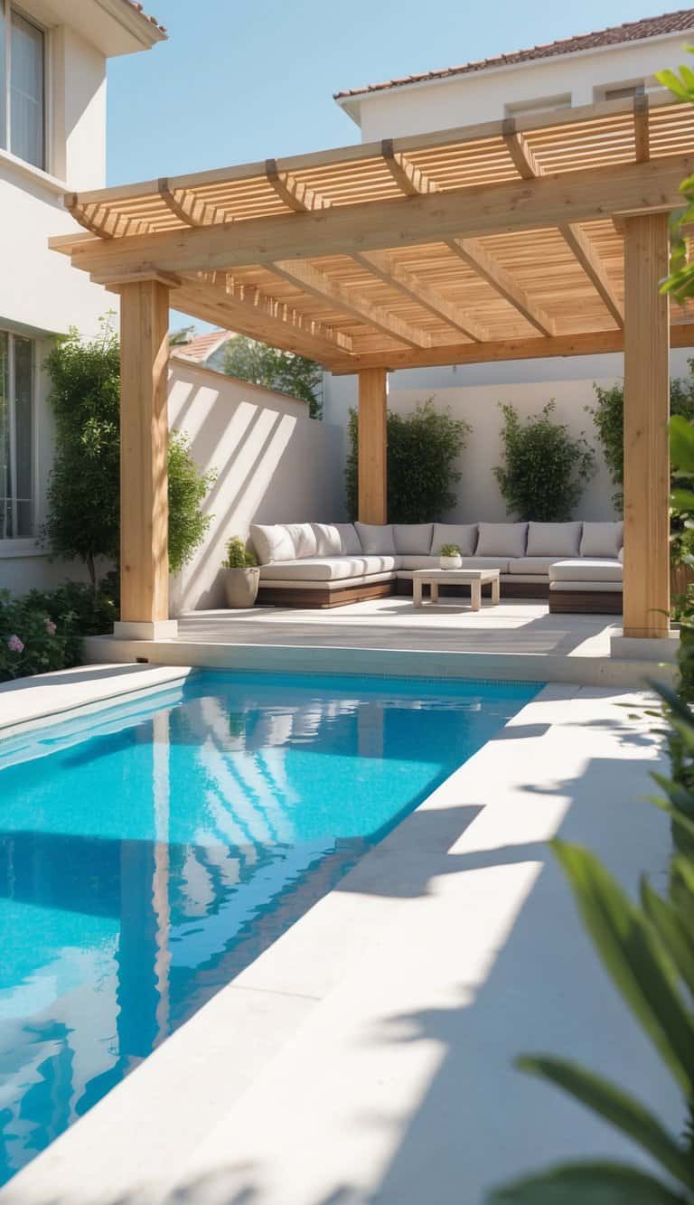 A backyard with a swimming pool next to a wooden pergola and outdoor seating under bright sunlight.