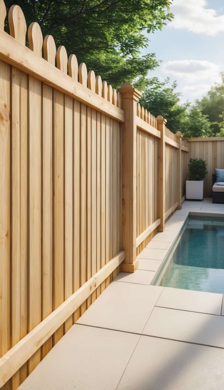 A backyard with a wooden scalloped fence around a pool, a stone patio, outdoor furniture, and plants in bright daylight.