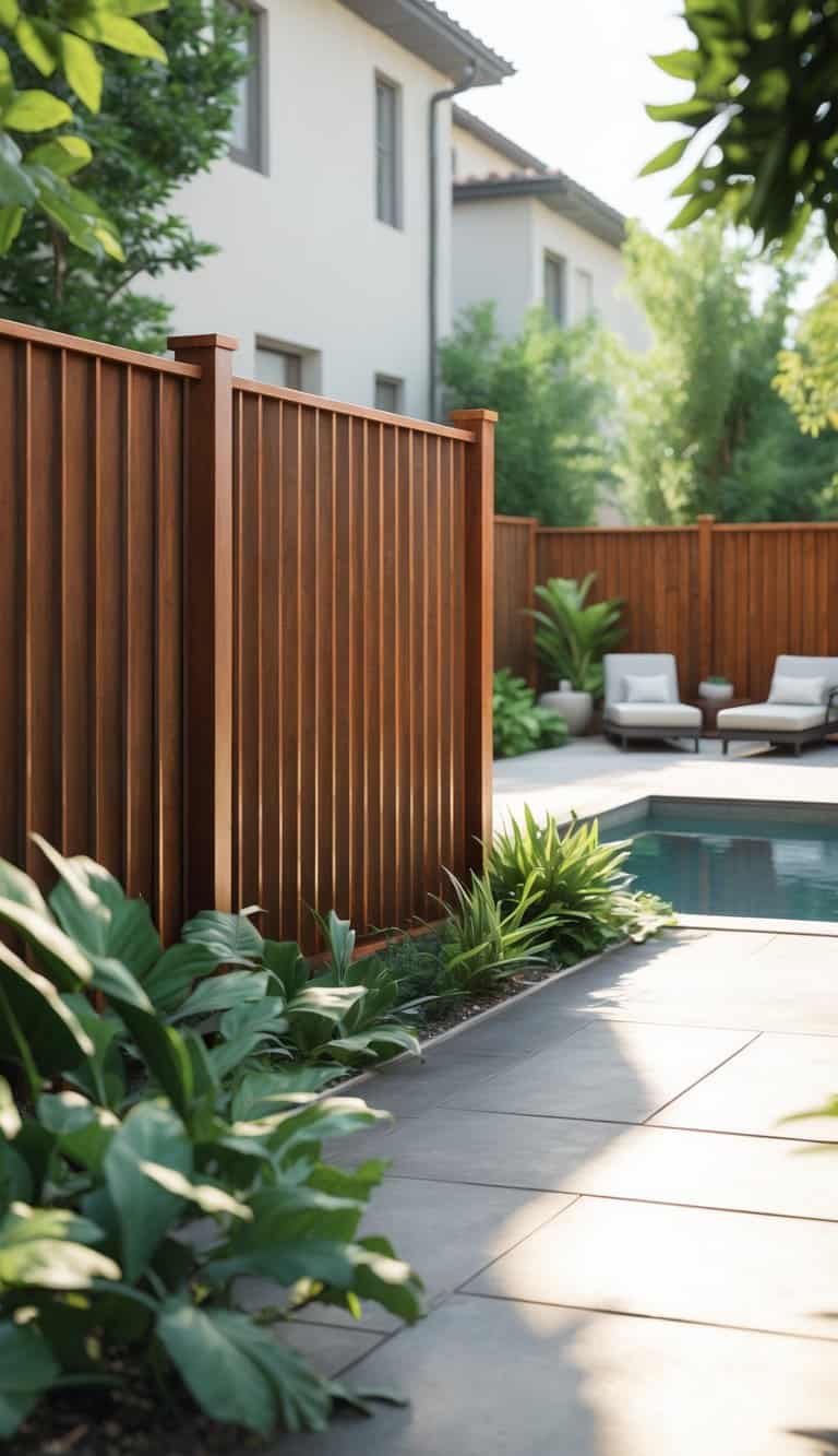 A backyard with a rust-colored metal fence around a pool, surrounded by green plants and a patio with outdoor furniture in bright daylight.