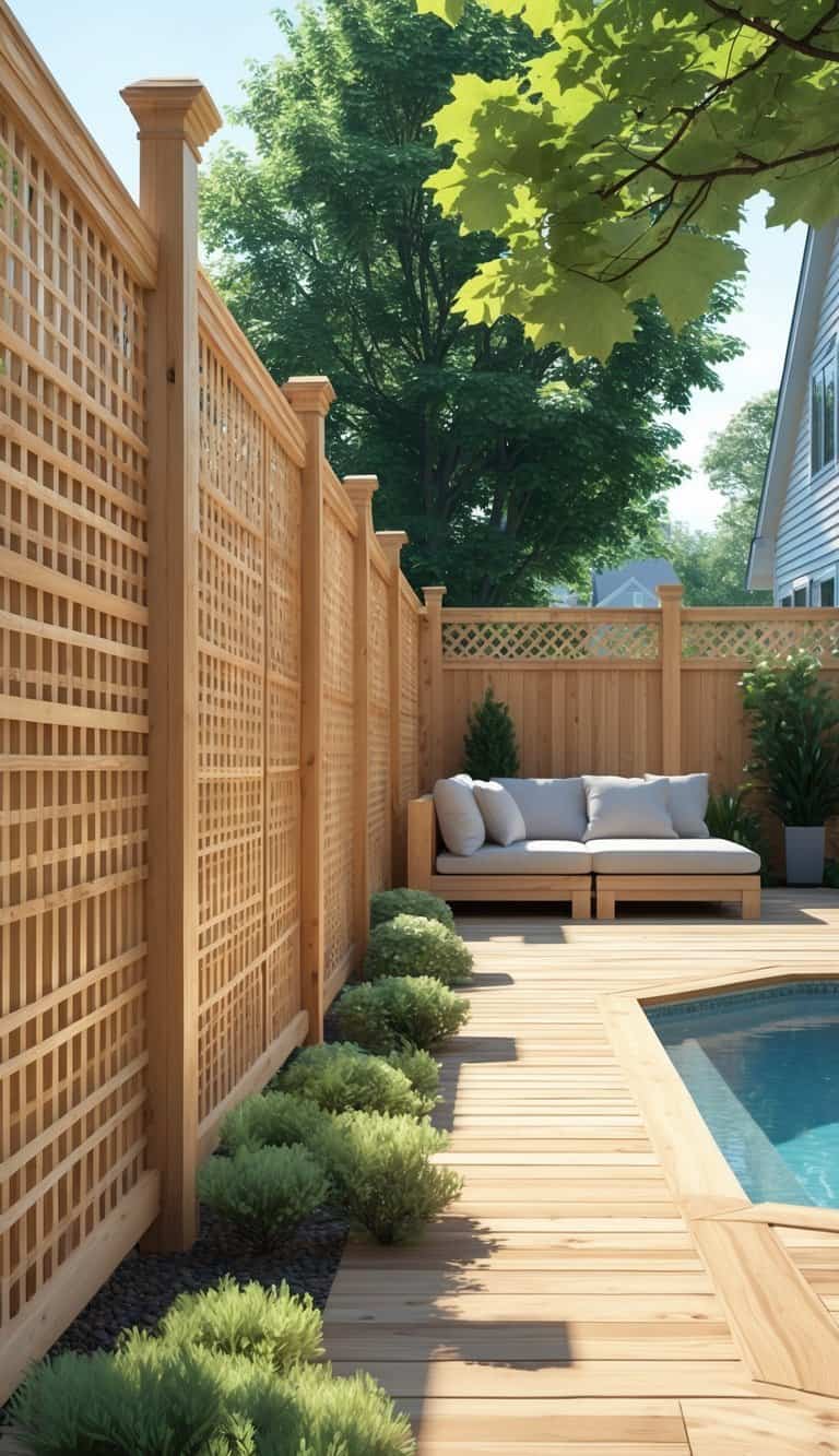 A backyard with a cedar lattice fence around a pool, a patio with outdoor seating, and plants under bright sunlight.