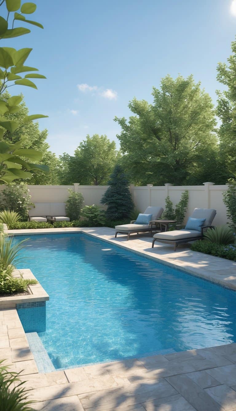 A serene backyard with a rectangular swimming pool surrounded by a stone patio, lounge chairs with blue pillows, and lush greenery under a clear blue sky.