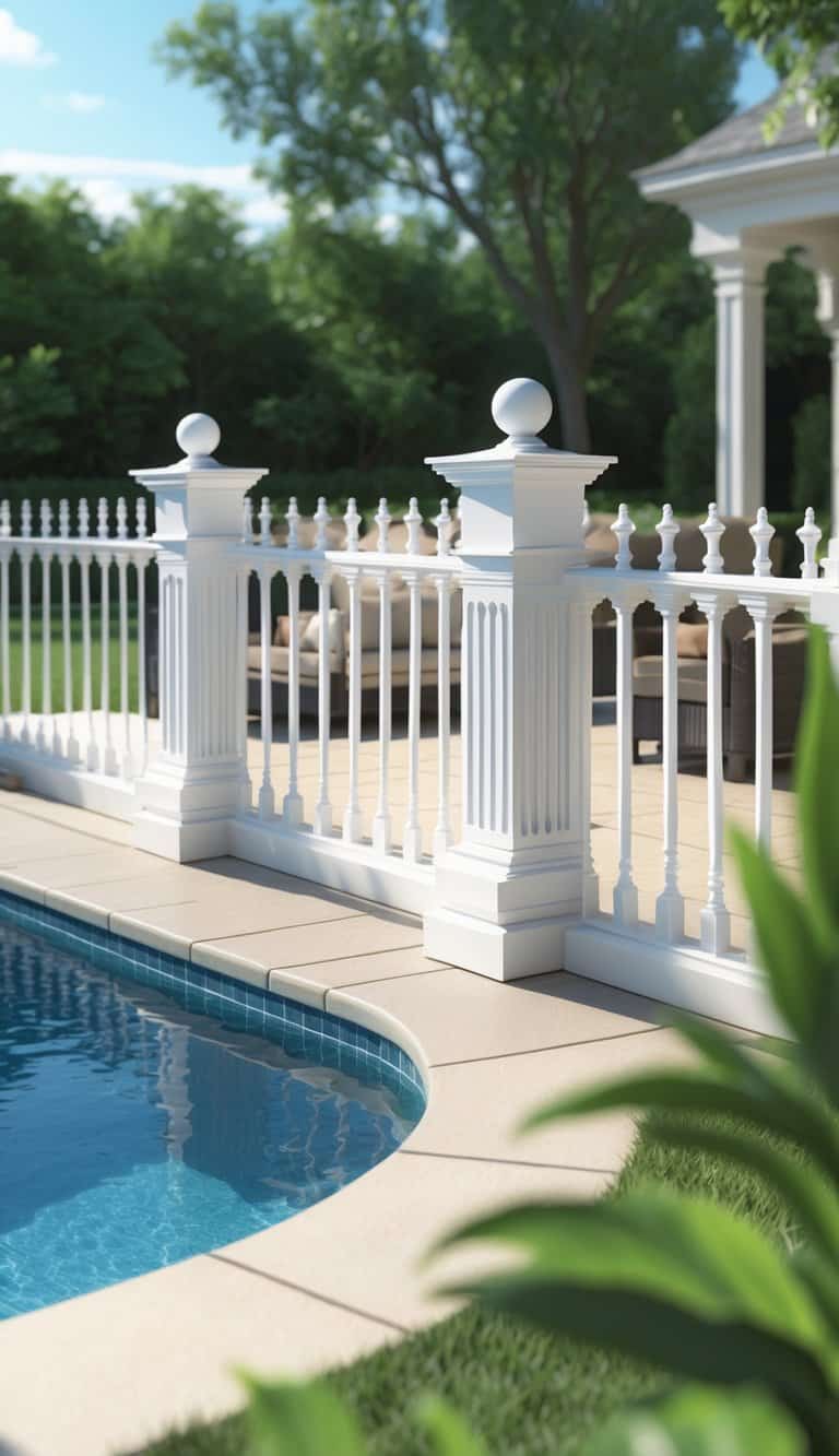 A residential backyard patio with a swimming pool surrounded by a classic baluster pedestal fence, outdoor seating, and plants under bright natural light.
