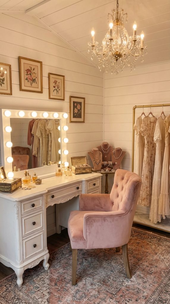 Cozy she shed idea featuring a white vanity desk, illuminated mirror, crystal chandelier, and elegant blush seating.
