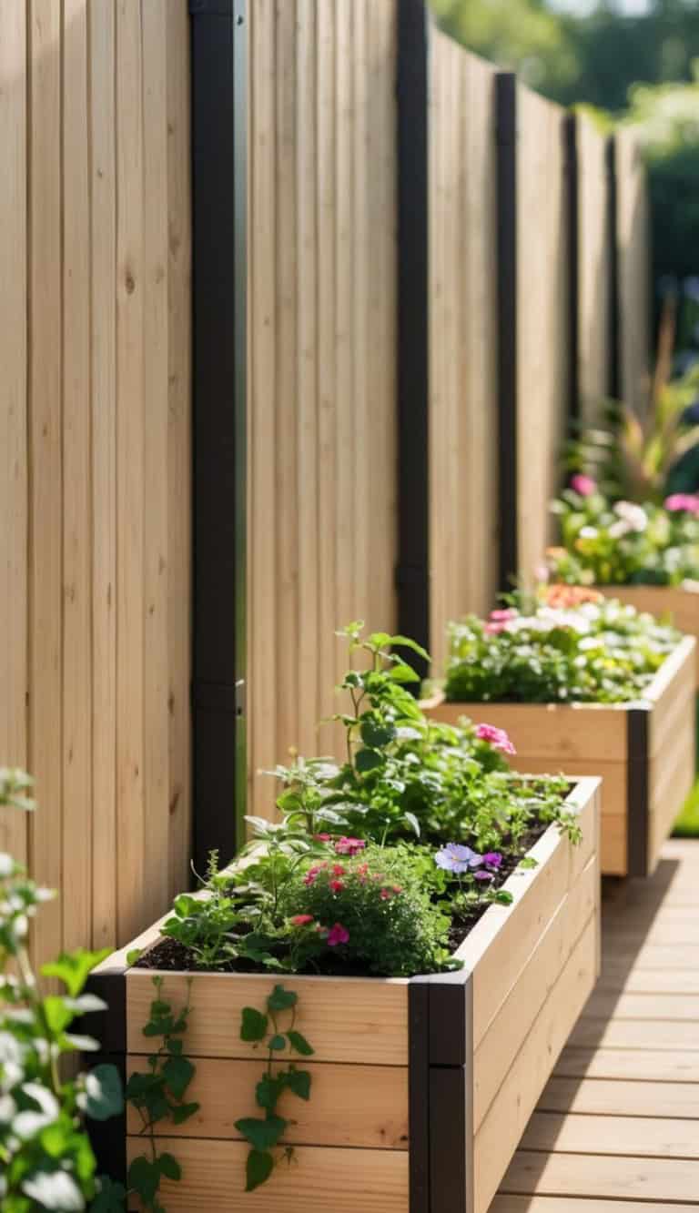 Wooden fence with attached planters containing blooming flowers and lush green plants.