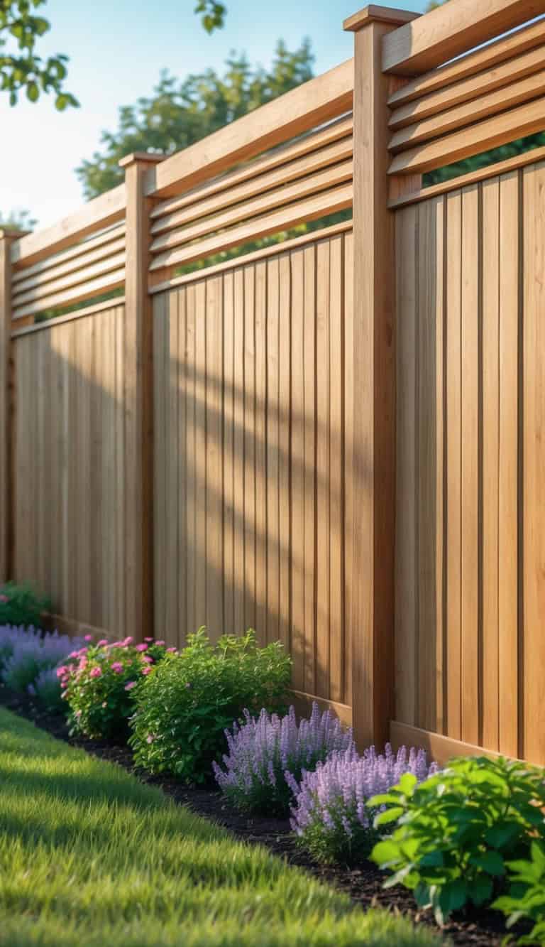 A wooden privacy fence with a modern slatted top section, bordered by various blooming flowers and shrubs in a well-kept garden under soft daylight.