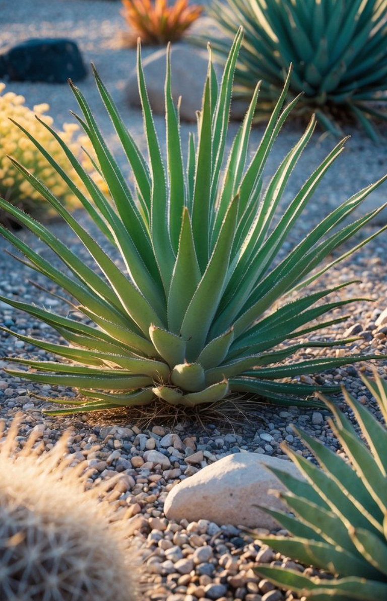 A green agave plant with long, pointed leaves growing in a desert landscape, surrounded by small stones and other succulents.