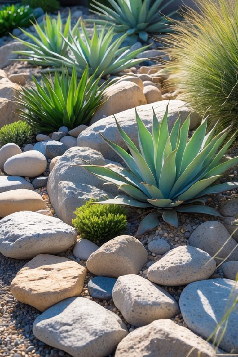 A desert garden with agave plants, large smooth rocks, and clumps of ornamental grass, under bright sunlight.