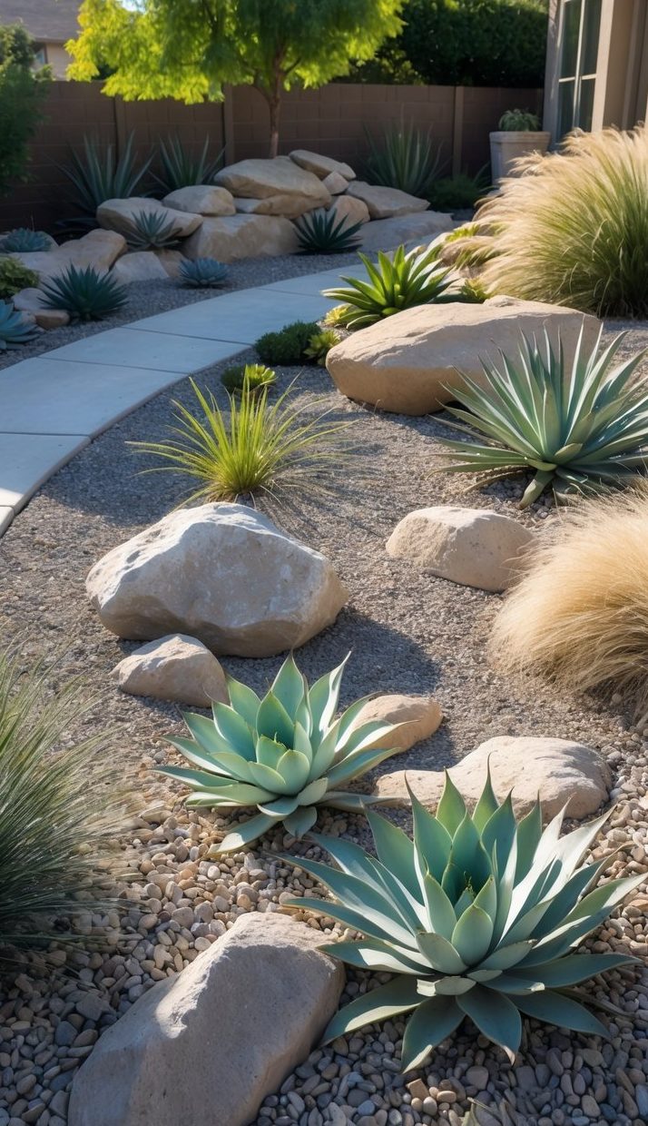 A xeriscape garden featuring agave plants, ornamental grasses, and large rocks, with a curved concrete pathway running through the landscape.