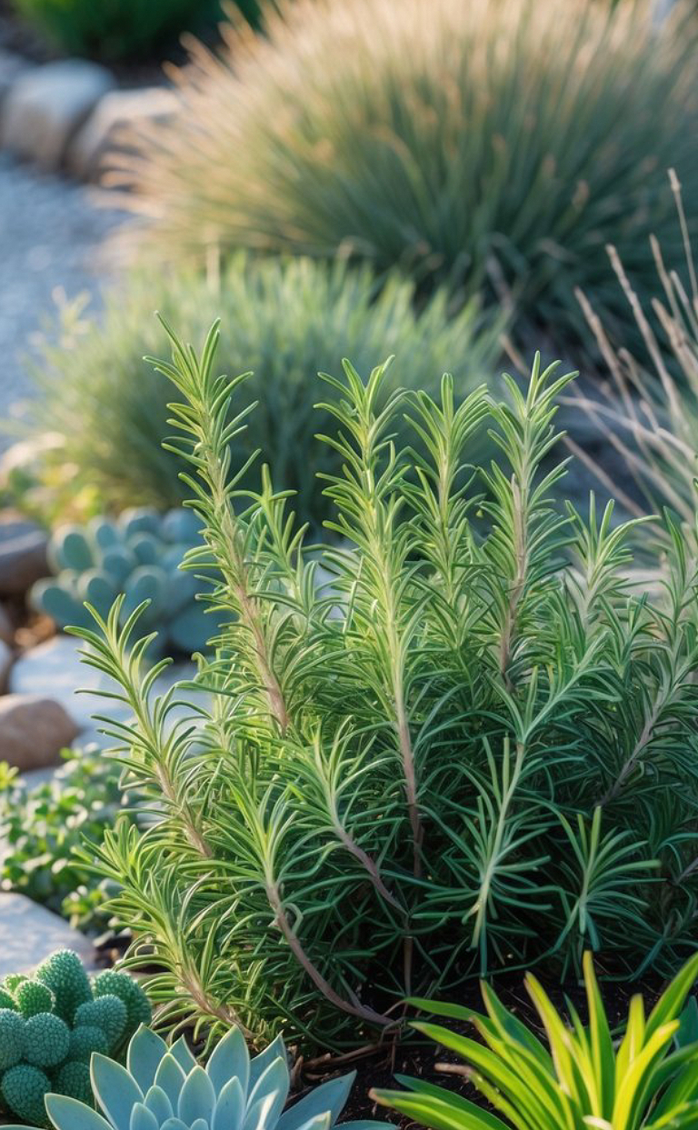 Herb garden with rosemary, succulents, and other drought-tolerant plants in a sunlit outdoor setting.