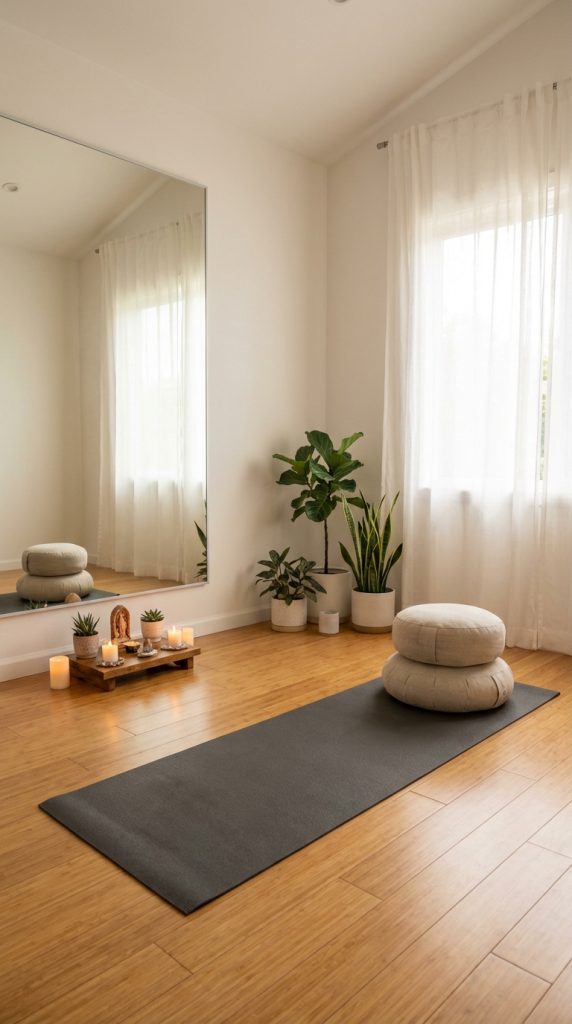 Minimalist she shed idea styled as a yoga and meditation room with floor mirror, yoga mat, cushions, candles, and indoor plants.