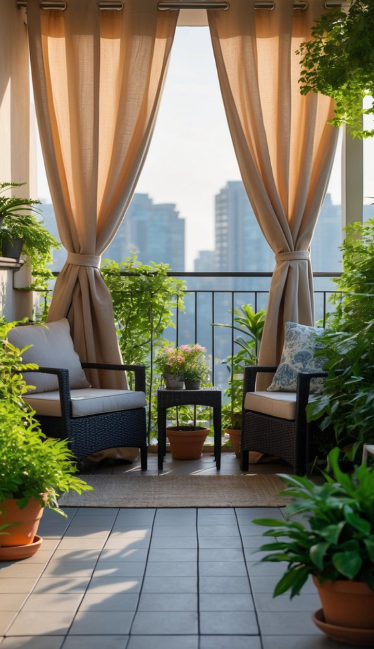 A cozy patio with two wicker chairs, potted plants on the floor, beige curtains, and a small table with a potted plant, overlooking distant city buildings.