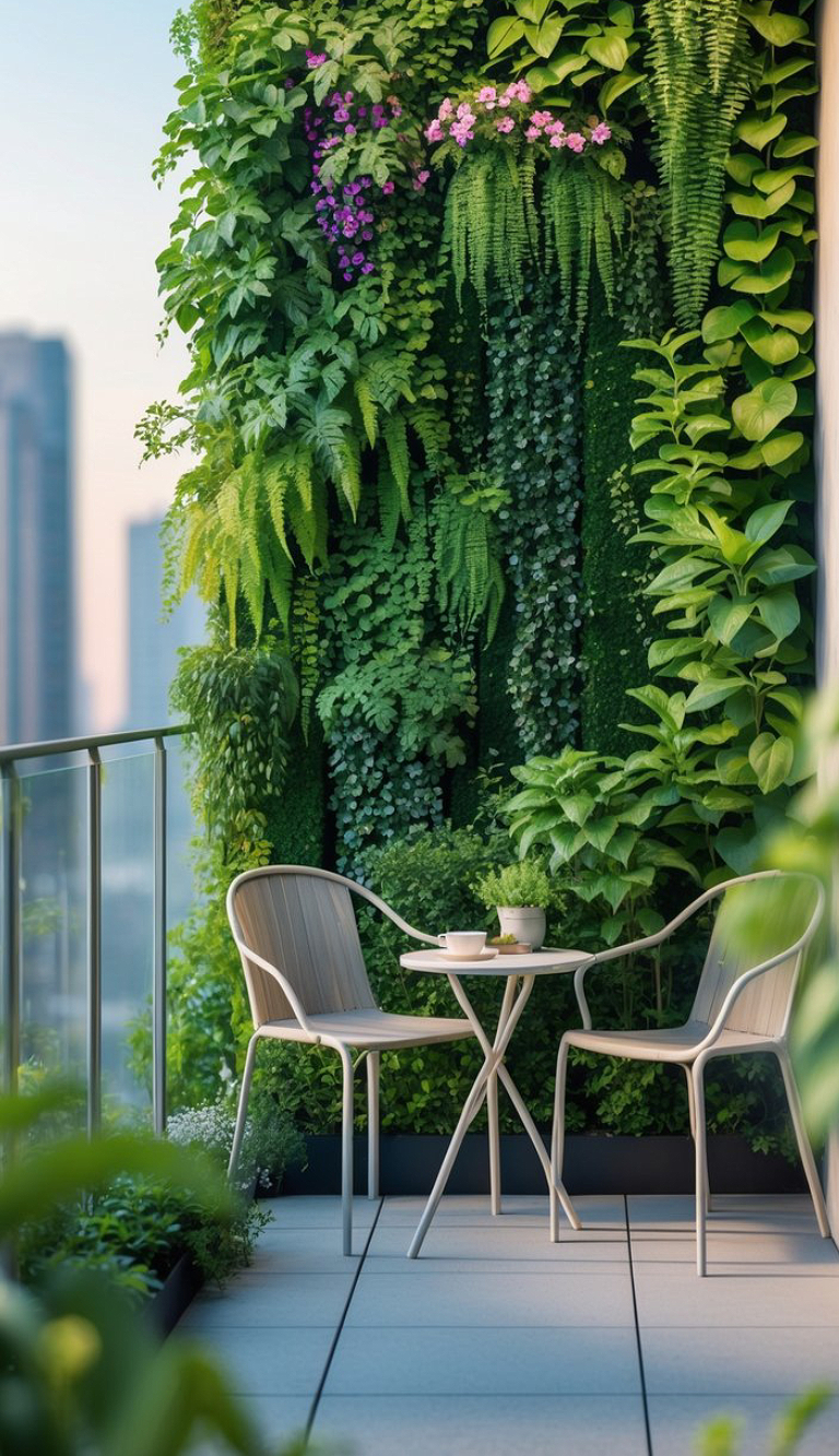A balcony with a vertical garden featuring lush green plants and purple flowers on the wall, two chairs, and a small table with a coffee cup and potted plant; city buildings are visible in the background.