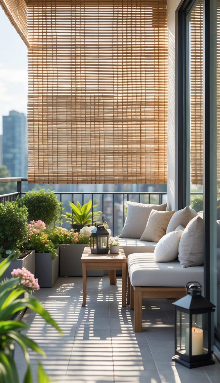 A modern balcony featuring a wooden bench with white cushions, a small table with a lantern, surrounded by potted plants, and partially shaded by bamboo blinds.
