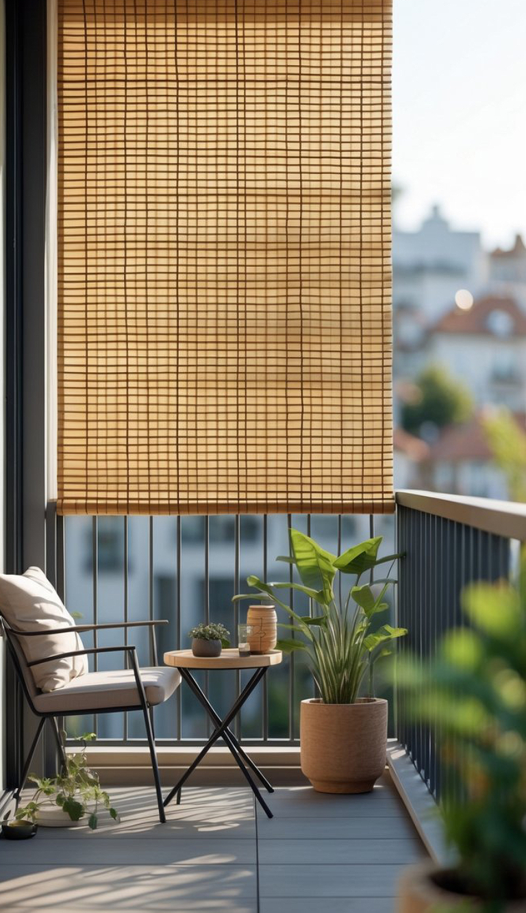 A cozy balcony with a wicker curtain, a cushioned chair, and a small round table holding plants and a jar, surrounded by additional potted plants.