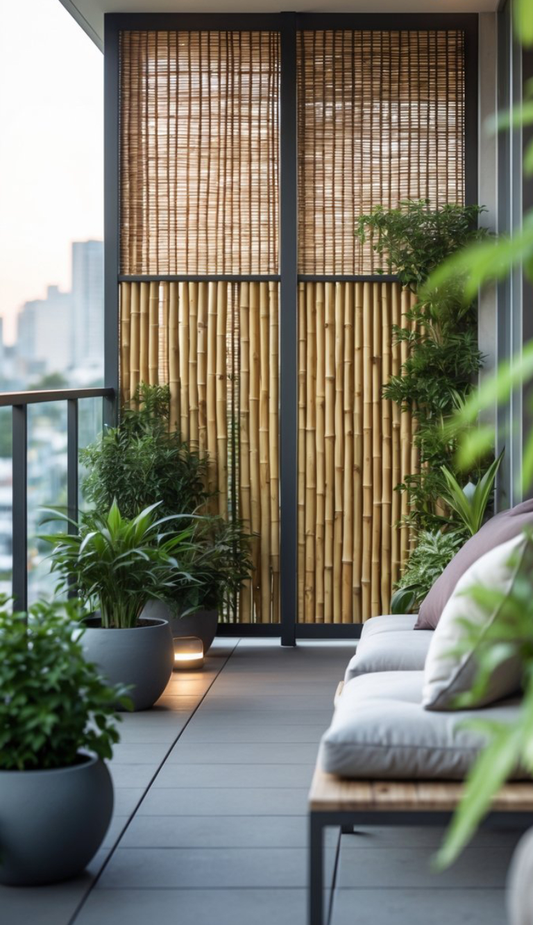 A modern balcony with a bamboo privacy screen, decorated with lush green plants in pots and a cushioned bench, creating a relaxing outdoor space.