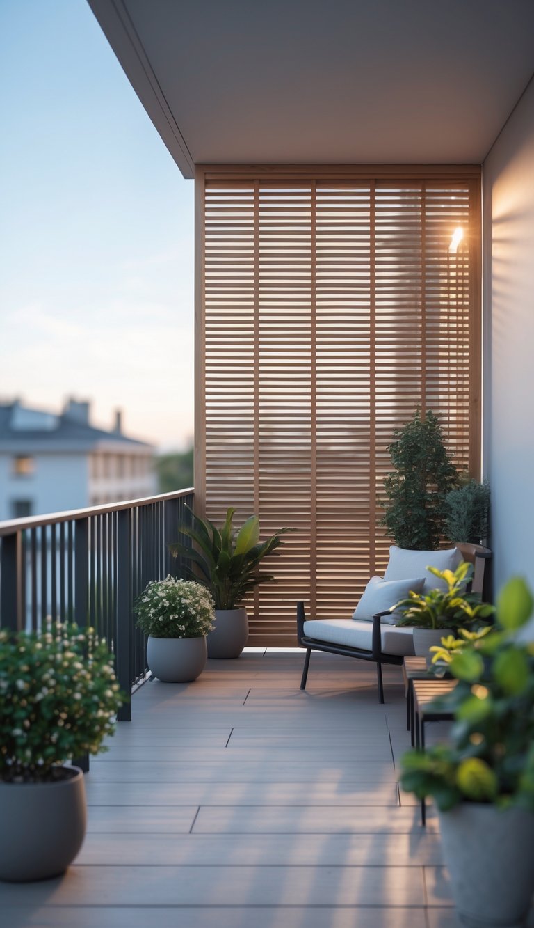 A modern balcony featuring a wooden slat partition, potted plants, a cushioned chair, and a bench, with a view of nearby buildings.