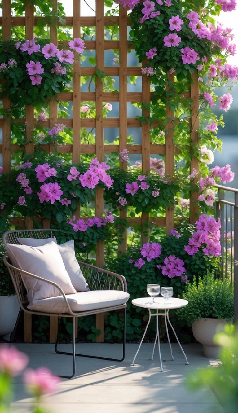 A cozy patio with a white chair and small round table set against a wooden trellis adorned with vibrant purple flowers and green foliage.