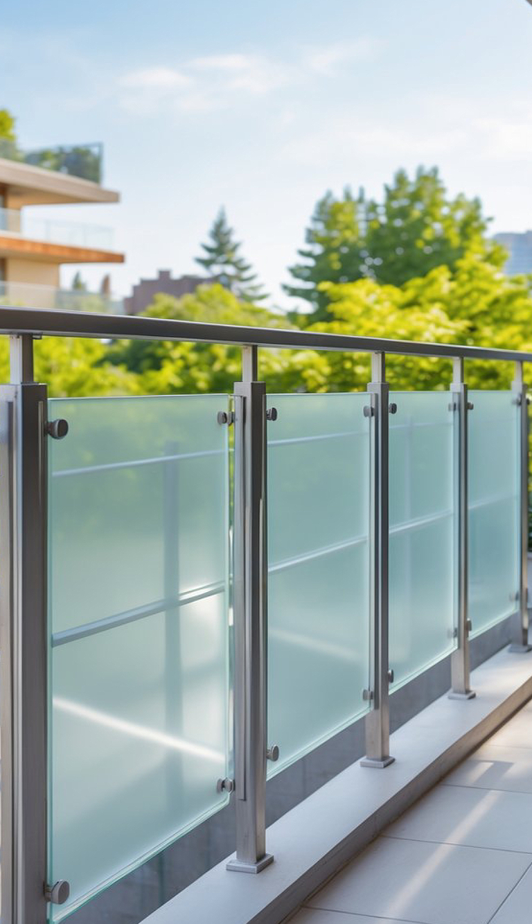 A modern balcony with frosted glass railing panels and a view of trees and a building in the background.