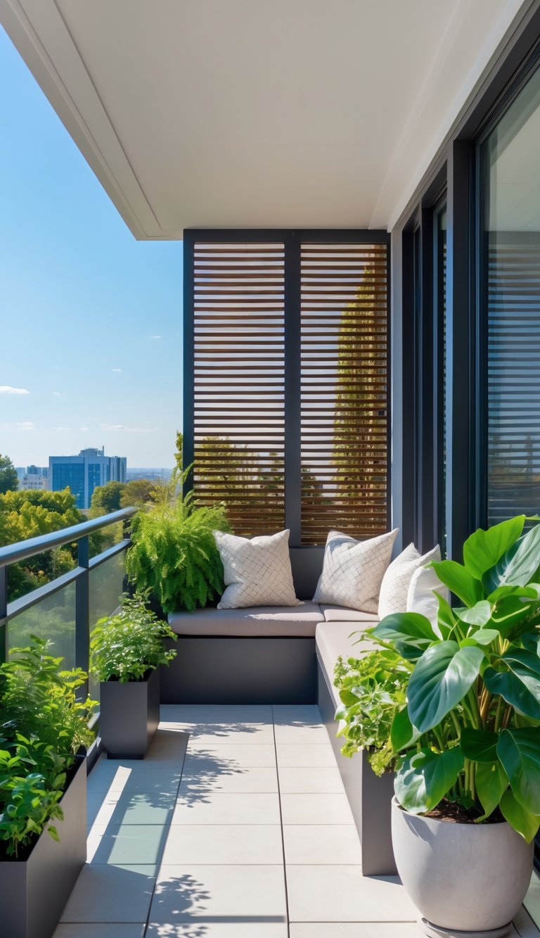 A stylish balcony with a cushioned seating area, decorated with several potted plants, overlooking a cityscape and lush greenery on a sunny day.