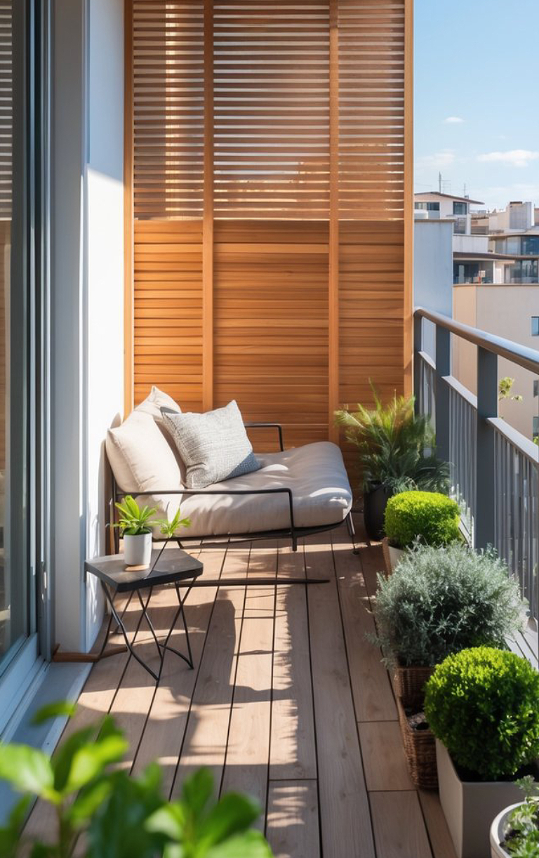 A modern balcony with a wooden floor and privacy screen, featuring a cushioned lounge chair with a pillow, a small table with a potted plant, and several planters with greenery.